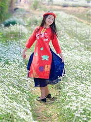 Áo dài cách tân cho bé gái MX 107- Thô đỏ vẽ hoa sen cổ điển 