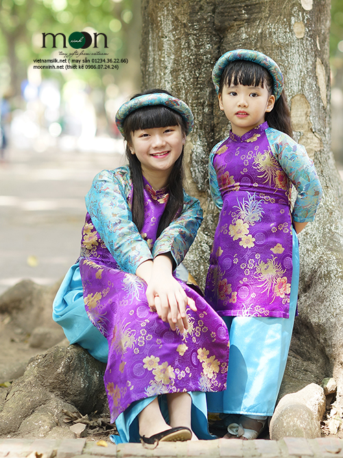 Áo dài cách tân trẻ em Tấm Cám gấm Thượng Hải cho bé gái màu tím