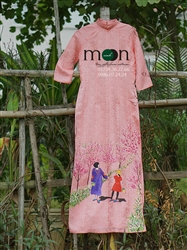 Áo dài cách tân cho mẹ và bé gái MX106 - Lụa tơ tằm vẽ mẹ dắt bé đi chơi vườn đào 