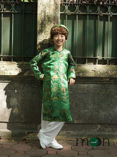 Áo dài gấm Thượng Hải cho bé trai xanh lá 
